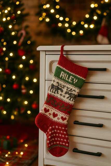 Personalized Christmas Stocking With Gray Reindeer - Custom Name Embroidery Hand Knitted Holiday Decor 55cm - image 1