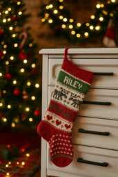 Personalized Christmas Stocking With Gray Reindeer - Custom Name Embroidery Hand Knitted Holiday Decor 55cm - thumbnail 1