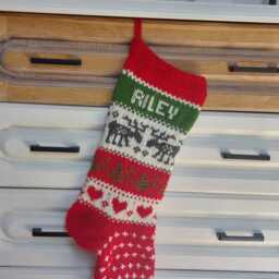 Personalized Christmas Stocking With Gray Reindeer - Custom Name Embroidery Hand Knitted Holiday Decor 55cm - thumbnail 3