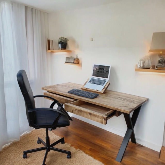 Solid Wood Desk With 2 Drawers On Steel X Legs - Rustic UK Handmade Wooden Office Custom Size Chunky Computer Timber - image 1