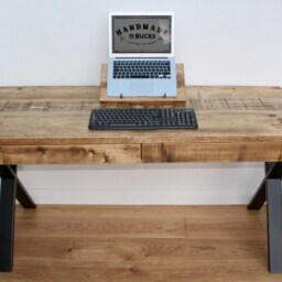 Solid Wood Desk With 2 Drawers On Steel X Legs - Rustic UK Handmade Wooden Office Custom Size Chunky Computer Timber - thumbnail 3