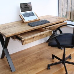 Solid Wood Desk With 2 Drawers On Steel X Legs - Rustic UK Handmade Wooden Office Custom Size Chunky Computer Timber - thumbnail 2