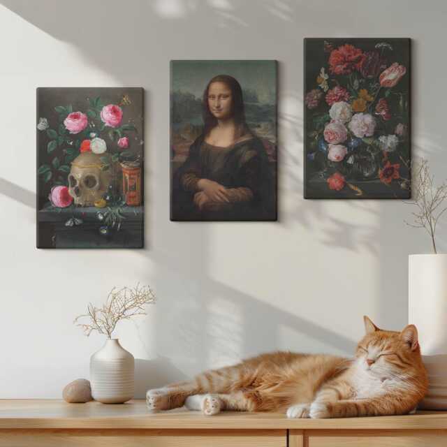 Canvas Art Set Of 3 - Vintage Flowers Skull & Mona Lisa Portrait By Leonardo Da Vinci, Brown Wall Art, Artwork Hanging Piece - image 1