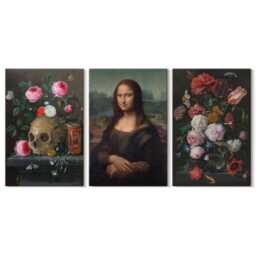 Canvas Art Set Of 3 - Vintage Flowers Skull & Mona Lisa Portrait By Leonardo Da Vinci, Brown Wall Art, Artwork Hanging Piece - thumbnail 3