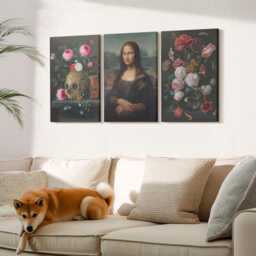 Canvas Art Set Of 3 - Vintage Flowers Skull & Mona Lisa Portrait By Leonardo Da Vinci, Brown Wall Art, Artwork Hanging Piece - thumbnail 2