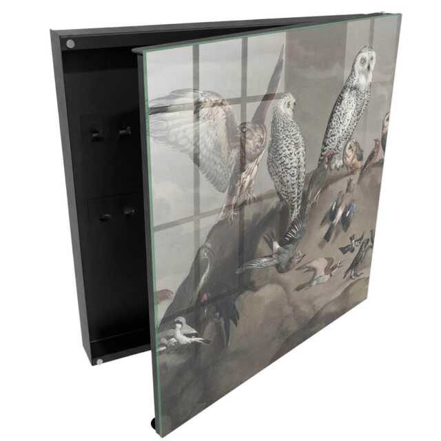 Birds On A Rock Wall Mounted Key Cabinet, Gray Box For Wall, Painterly Animals, Nature Lovers - image 1