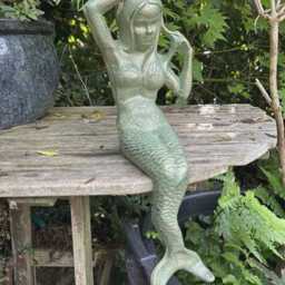 Cast Iron Sitting Mermaid Garden Ornament - Verdigris Solid Metal Sculpture - thumbnail 4