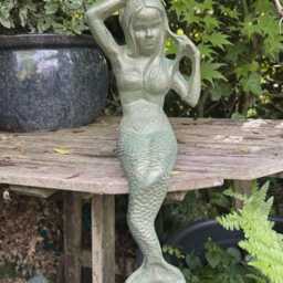 Cast Iron Sitting Mermaid Garden Ornament - Verdigris Solid Metal Sculpture - thumbnail 2