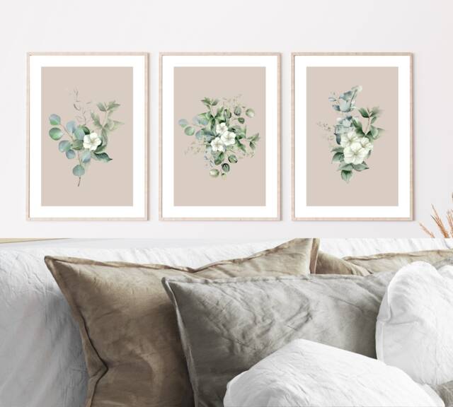 Set Of 3 Unframed Sage Green Floral Prints, Beige & Botanical Wall Art Living Room Posters, Bedroom Flower Pictures - image 1