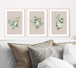 Set Of 3 Unframed Sage Green Floral Prints, Beige & Botanical Wall Art Living Room Posters, Bedroom Flower Pictures - thumbnail 1