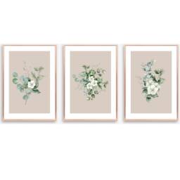 Set Of 3 Unframed Sage Green Floral Prints, Beige & Botanical Wall Art Living Room Posters, Bedroom Flower Pictures - thumbnail 3