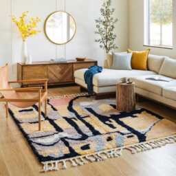 Moroccan Yellow Berber Rug, Handwoven Wool Shag Rug With Abstract Geometric Shapes, Authentic Beni Ourain Style Carpet, Large 9x12 Area - thumbnail 2