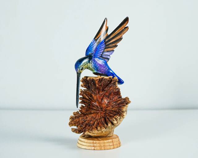 Blue Hummingbird Statue, Painted Sculpture, Wood Carving Figure, Handmade, Artwork, Bird Living Room Decor, Colibri, Birthday Gift - image 1