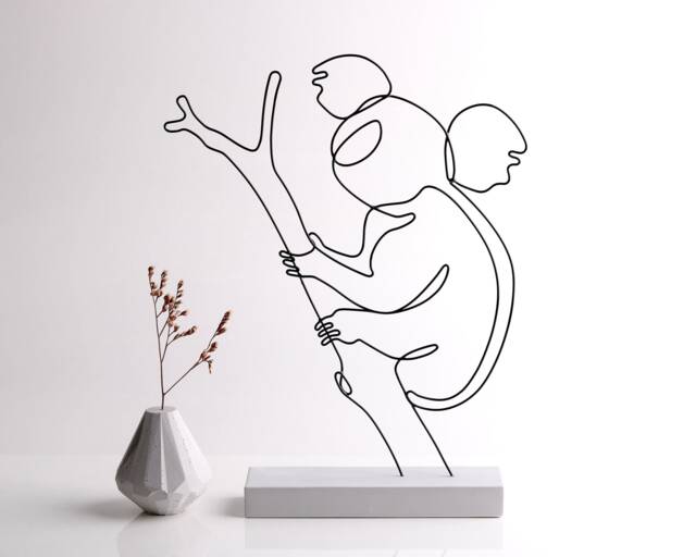 Handmade Wire Koala Sculpture Abstract Metal Art On Concrete Base - image 1