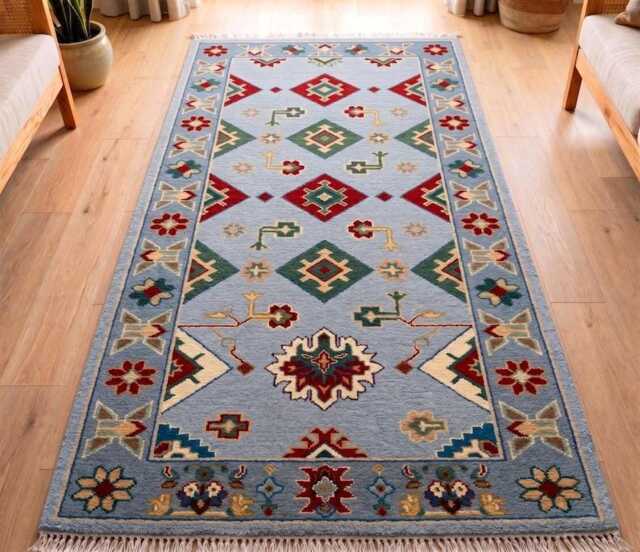 Hand Knotted Oushak Wool Rug - Turkish Runner, Animal Design, Slate Navy Sage Home Decor - image 1