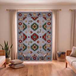 Hand Knotted Oushak Wool Rug - Turkish Runner, Animal Design, Slate Navy Sage Home Decor - thumbnail 3