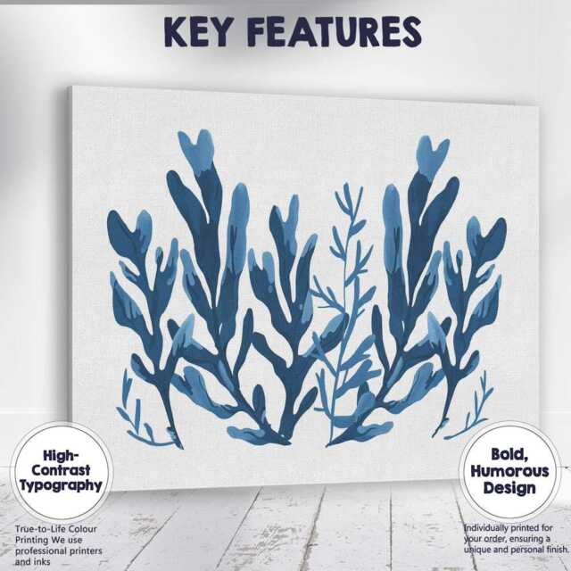 Blue Watercolour Seaweed Botanical Coastal Illustration Canvas Wall Art Print Decor Picture Ready To Hang - image 1