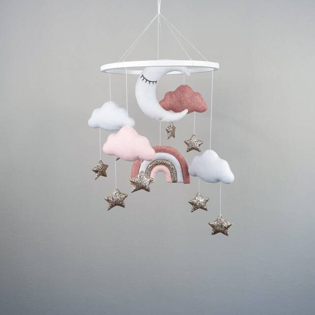 Baby Girl Mobile, Crib Rainbow Mobile Nursery, Cloud Moon & Gold Stars Felt Hanging Baby Nursery Decor - image 1