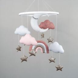 Baby Girl Mobile, Crib Rainbow Mobile Nursery, Cloud Moon & Gold Stars Felt Hanging Baby Nursery Decor - thumbnail 3