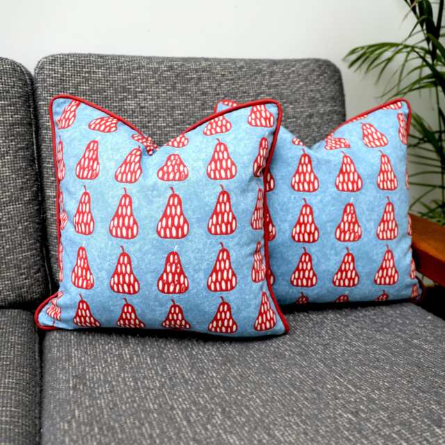 Capri Blue & Red Scandi Pears Scatter Cushion Covers/Throw Pillows With Contrasting Piping in 100% Cotton Fabric By Iliv - image 1