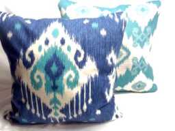 Turquoise, Blue & White Ikat Pillow Covers, Indoor Outdoor Fabric - thumbnail 3