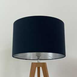 Deep Navy Blue Linen Cotton Blend Brushed Silver Drum Lampshade - thumbnail 2