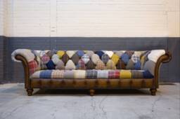 Unique British Handmade 4 Seater Patchwork Chesterfield Sofa - Multicolour Wool Blends With Antique Tan Leather Facings & Border