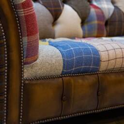 Unique British Handmade 4 Seater Patchwork Chesterfield Sofa - Multicolour Wool Blends With Antique Tan Leather Facings & Border - thumbnail 3