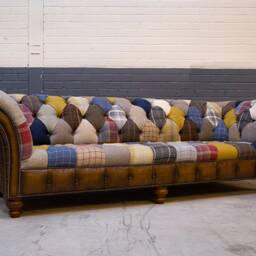 Unique British Handmade 4 Seater Patchwork Chesterfield Sofa - Multicolour Wool Blends With Antique Tan Leather Facings & Border - thumbnail 2