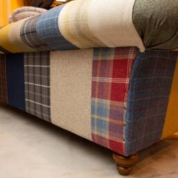 Unique British Handmade 4 Seater Patchwork Chesterfield Sofa - Multicolour Wool Blends With Antique Tan Leather Facings & Border - thumbnail 4