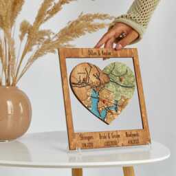 Personalized Puzzle Map - 5Th Wedding Anniversary Couples Gift, Custom Locations Framed Wood Wall Art - thumbnail 3