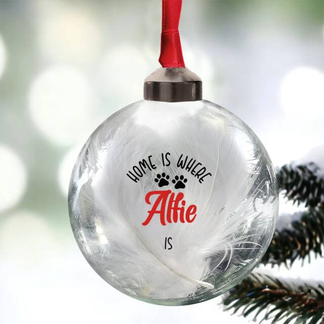 Pet Bauble, Personalised Home Is Where Novelty Dog Decoration, Cat Ornament, Glass Bauble Tree Decoration 11 Colours - image 1