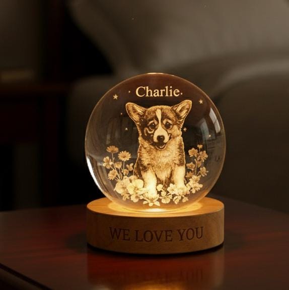 Custom Corgi Dog 3D Crystal Ball Night Light, Personalized Pet Portrait Bedside Lamp, Engraved Puppy Keepsake Gift On A Wooden Base - image 1