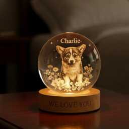 Custom Corgi Dog 3D Crystal Ball Night Light, Personalized Pet Portrait Bedside Lamp, Engraved Puppy Keepsake Gift On A Wooden Base - thumbnail 1