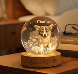 Custom Corgi Dog 3D Crystal Ball Night Light, Personalized Pet Portrait Bedside Lamp, Engraved Puppy Keepsake Gift On A Wooden Base - thumbnail 2