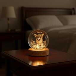 Custom Corgi Dog 3D Crystal Ball Night Light, Personalized Pet Portrait Bedside Lamp, Engraved Puppy Keepsake Gift On A Wooden Base - thumbnail 3