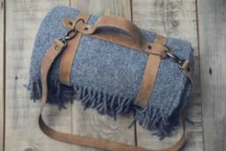 Gray Wool Throw Blanket With Leather Handle Strap - Personalized Picnic