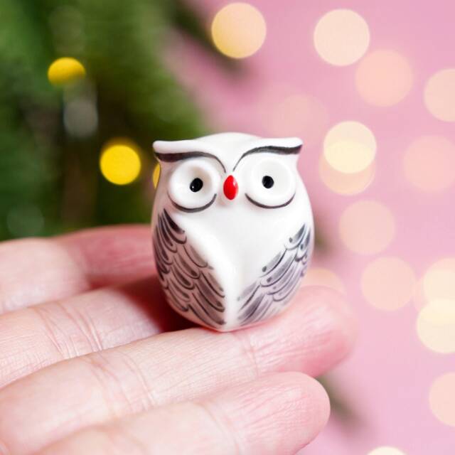 Tiny Hand-Painted Porcelain Owl Figurine, Christmas Decor - image 1