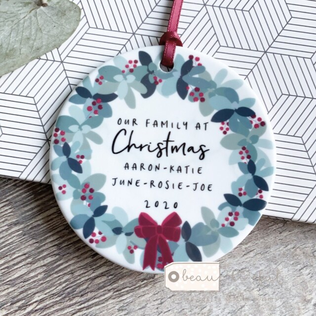 Personalised Christmas Family Gift Tree Decoration Foliage Wreath Greenery Design Ceramic Or Acrylic Round Ornament Keepsake