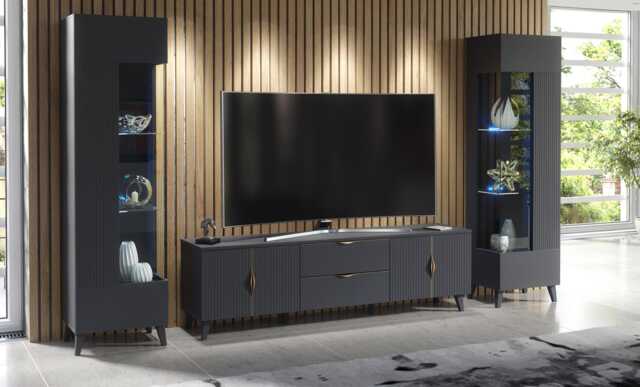 Furneo Grey Living Room Set Tv Stand Display Cabinets High Gloss & Matt Azzurro 10/12G Led Lights - image 1