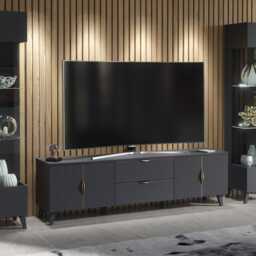 Furneo Grey Living Room Set Tv Stand Display Cabinets High Gloss & Matt Azzurro 10/12G Led Lights - thumbnail 2