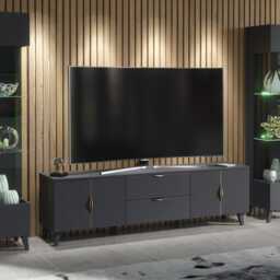 Furneo Grey Living Room Set Tv Stand Display Cabinets High Gloss & Matt Azzurro 10/12G Led Lights - thumbnail 3
