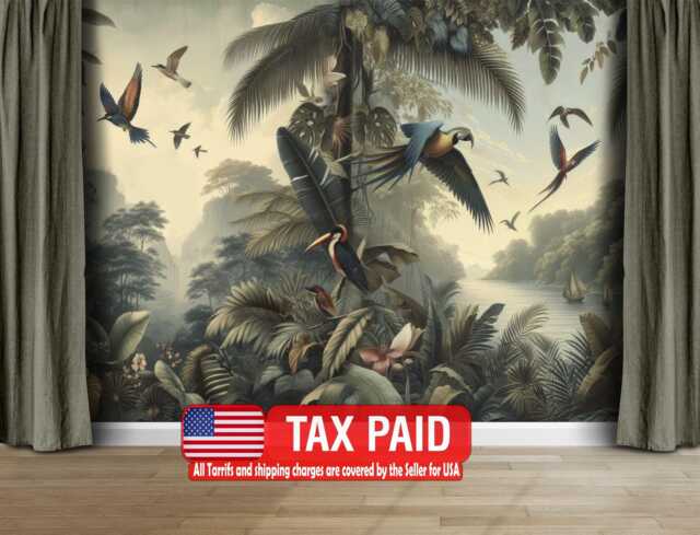 Jungle Mural, Tropical Leaves, Birds, Peel & Stick Wallpaper - image 1