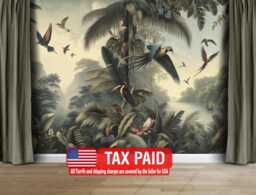 Jungle Mural, Tropical Leaves, Birds, Peel & Stick Wallpaper - thumbnail 1