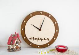 3D Wood Wall Clock With Birds & Hearts, Eco-Friendly Decor - thumbnail 1