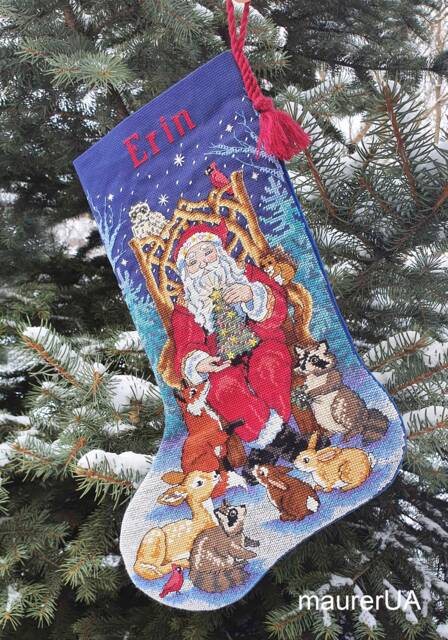 Christmas Stocking With Embroidered Santa Animals Personalised Family Stockings Xmas Nursery Decor Custom Cross Stitch - image 1