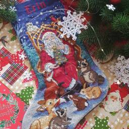 Christmas Stocking With Embroidered Santa Animals Personalised Family Stockings Xmas Nursery Decor Custom Cross Stitch - thumbnail 3