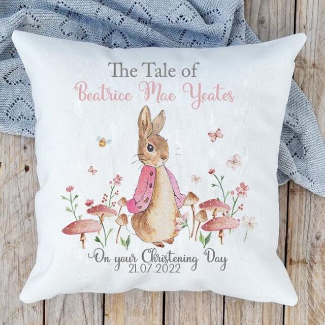 Customisable Personalisation Peter/Flopsy/Jemima Cushion. Gift For Christening Day, Birthday, Baby Shower, Newborn, Children - image 1
