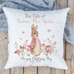 Customisable Personalisation Peter/Flopsy/Jemima Cushion. Gift For Christening Day, Birthday, Baby Shower, Newborn, Children - thumbnail 1