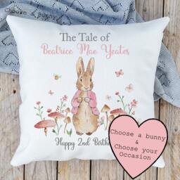 Customisable Personalisation Peter/Flopsy/Jemima Cushion. Gift For Christening Day, Birthday, Baby Shower, Newborn, Children - thumbnail 2